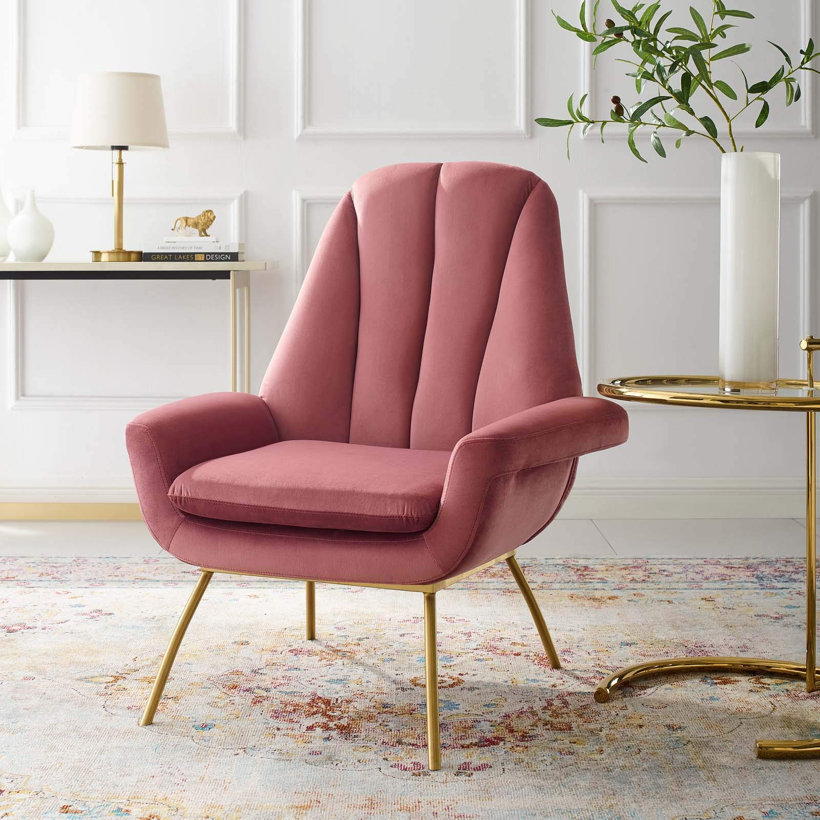 Modway Summit Channel Tufted Performance Velvet Accent Lounge Arm Chair In Dusty Rose